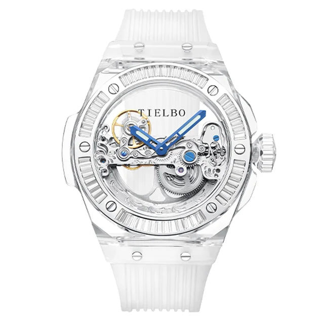 TIELBO Automatic Mechanical Movement Watch For Men Skeleton Diamond Wrist Watches Mens Transparent Crystal Case Sapphire Mirror 