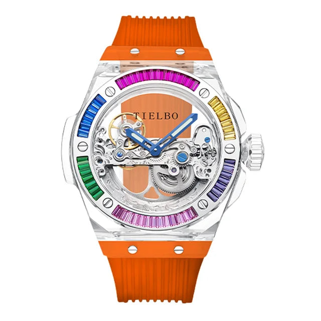 TIELBO Authentic Watch For Men Automatic Movement Mechanical Skeleton Transparent Wristwatches Mens Crystal Case Sapphire Mirror 