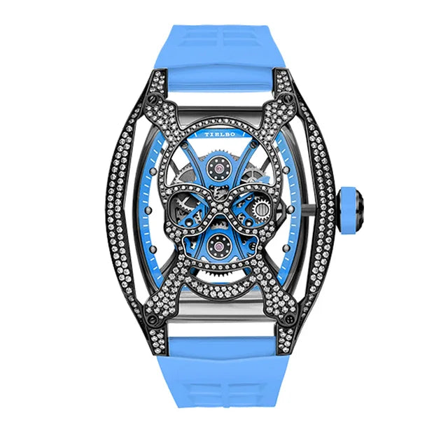 TIELBO Watch For Men Fully Automatic Mechanical Movement Fashion Skeleton Mens Watches Sapphire Mirror Tonneau Case Ghost Head 