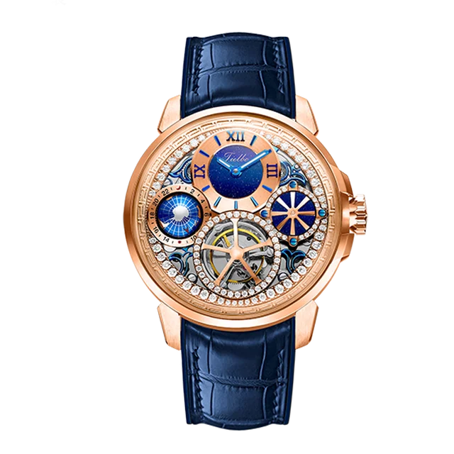 TIELBO Real Tourbillon Orologi da uomo Orologio da polso multifunzione casual di lusso impreziosito da cristalli brillanti 