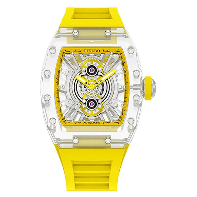 TIELBO Orologio da uomo tonneau meccanico trasparente con movimento automatico Orologi da polso da uomo con scheletro cavo luminoso in cristallo 