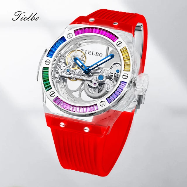 TIELBO Brand Mechanical Watches for Men Women Luxury Skeleton Sapphire Wrist Watch Waterproof Man Brilliant Crystals Transparent