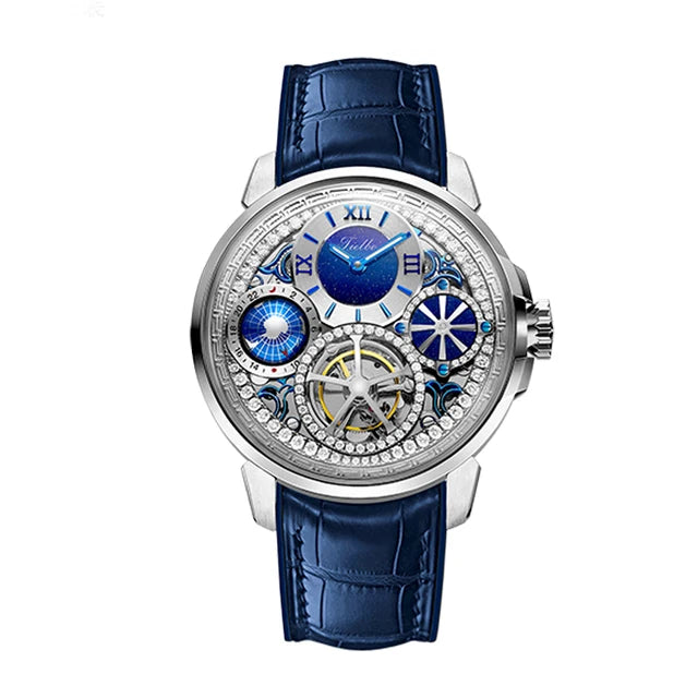 TIELBO Real Tourbillon Orologi da uomo Orologio da polso multifunzione casual di lusso impreziosito da cristalli brillanti 