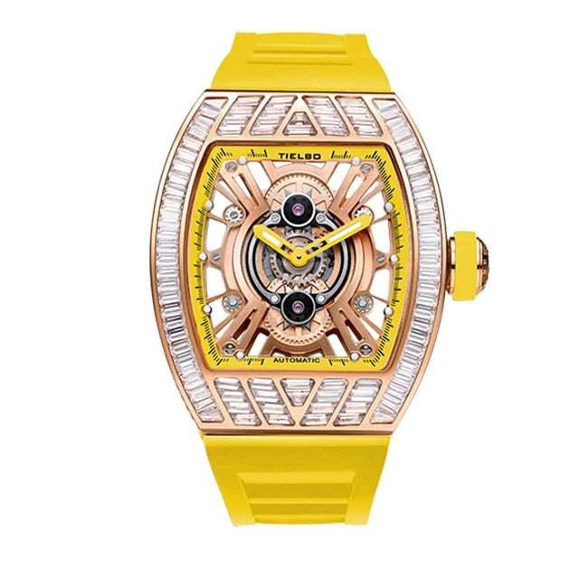 TIELBO Orologio meccanico da uomo tonneau meccanico di lusso Orologi con movimento meccanico automatico per uomo Orologio da polso luminoso in cristallo scheletrato A 