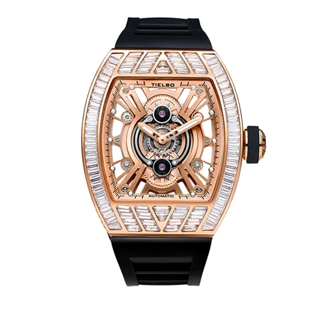 TIELBO Orologio meccanico da uomo tonneau meccanico di lusso Orologi con movimento meccanico automatico per uomo Orologio da polso luminoso in cristallo scheletrato A 