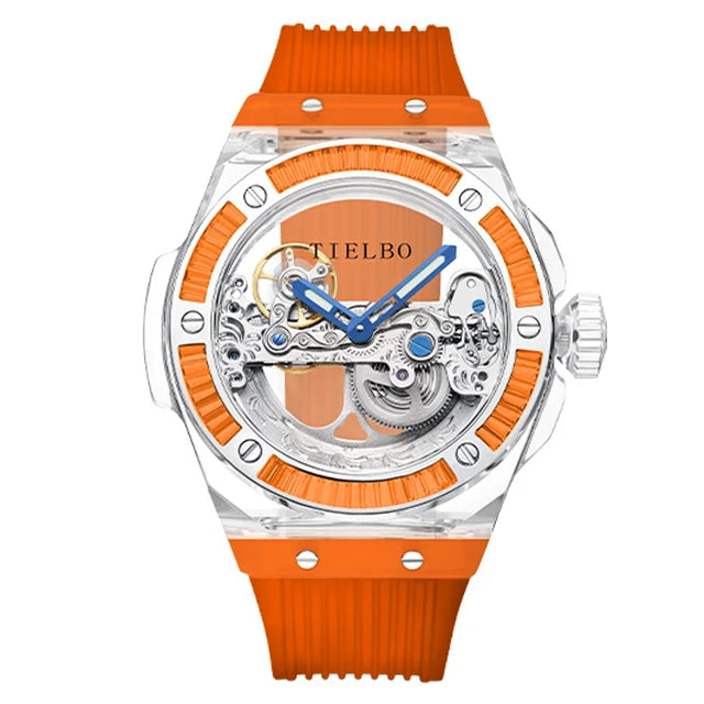 TIELBO Mens Watches Automatic Mechanical Movement Watch For Men Crystal Skeleton Transparent Wrist Watches Sapphire Mirror New