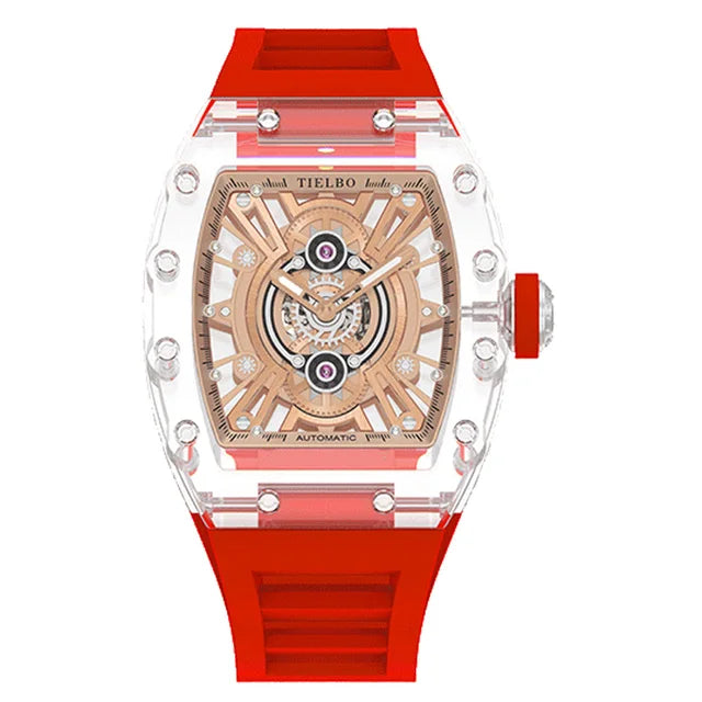 TIELBO Orologio da uomo tonneau meccanico trasparente con movimento automatico Orologi da polso da uomo con scheletro cavo luminoso in cristallo 