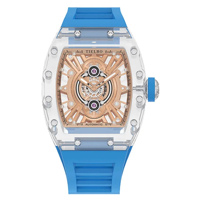 TIELBO Orologio da uomo tonneau meccanico trasparente con movimento automatico Orologi da polso da uomo con scheletro cavo luminoso in cristallo 