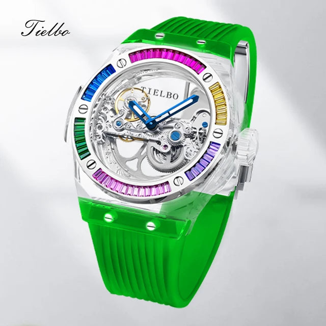 TIELBO Brand Mechanical Watches for Men Women Luxury Skeleton Sapphire Wrist Watch Waterproof Man Brilliant Crystals Transparent