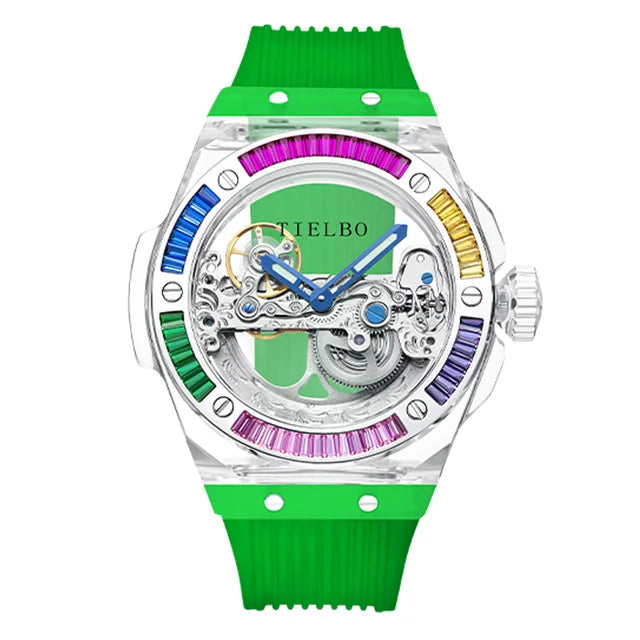 TIELBO Authentic Watch For Men Automatic Movement Mechanical Skeleton Transparent Wristwatches Mens Crystal Case Sapphire Mirror 