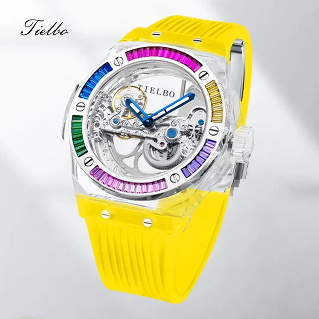 TIELBO Brand Mechanical Watches for Men Women Luxury Skeleton Sapphire Wrist Watch Waterproof Man Brilliant Crystals Transparent