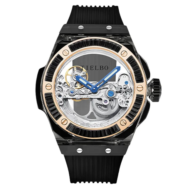 TIELBO Mens Watches Automatic Mechanical Movement Watch For Men Crystal Skeleton Transparent Wrist Watches Sapphire Mirror New