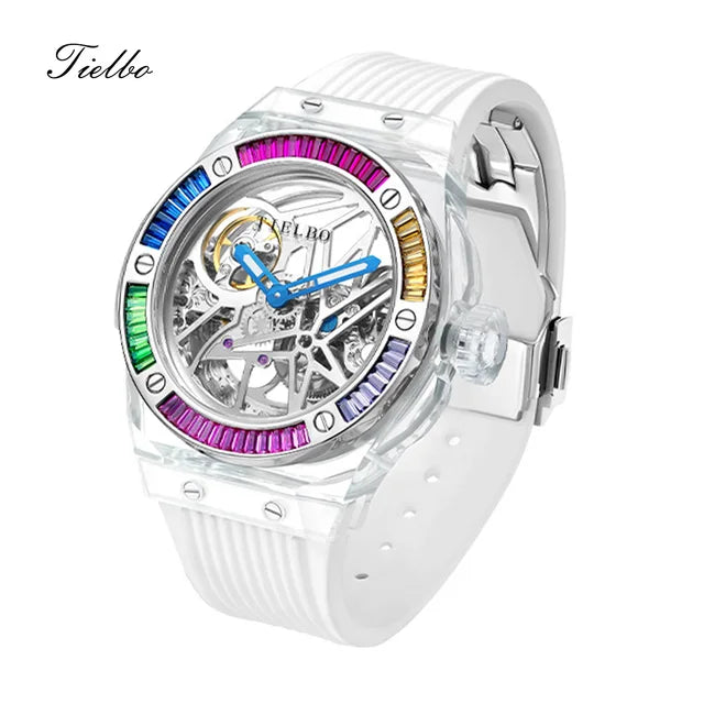 TIELBO Automatic Mechanical Crystals Watches for Men Women Luxury Skeleton Wristwatch Waterproof Man Brilliant Transparent Clock 