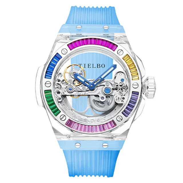 TIELBO Authentic Watch For Men Automatic Movement Mechanical Skeleton Transparent Wristwatches Mens Crystal Case Sapphire Mirror 