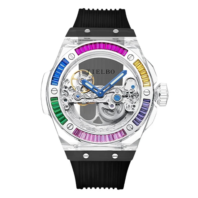 TIELBO Authentic Watch For Men Automatic Movement Mechanical Skeleton Transparent Wristwatches Mens Crystal Case Sapphire Mirror 