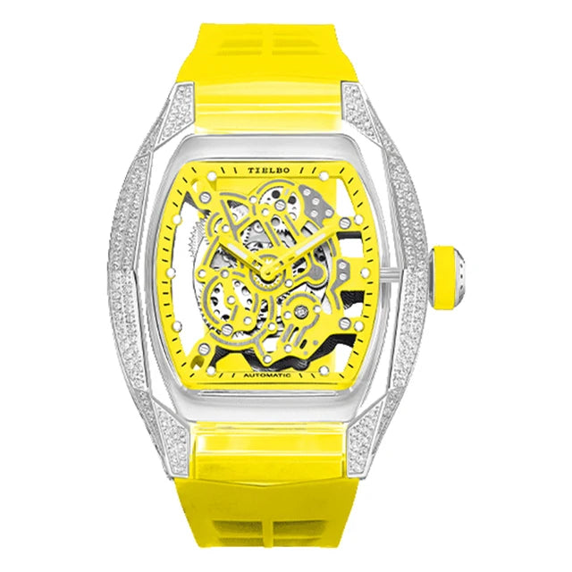 TIELBO Movimento meccanico automatico Orologio da uomo Skeleton Tonneau Orologi Orologio da polso da uomo con cristalli impermeabili in zaffiro e diamanti 