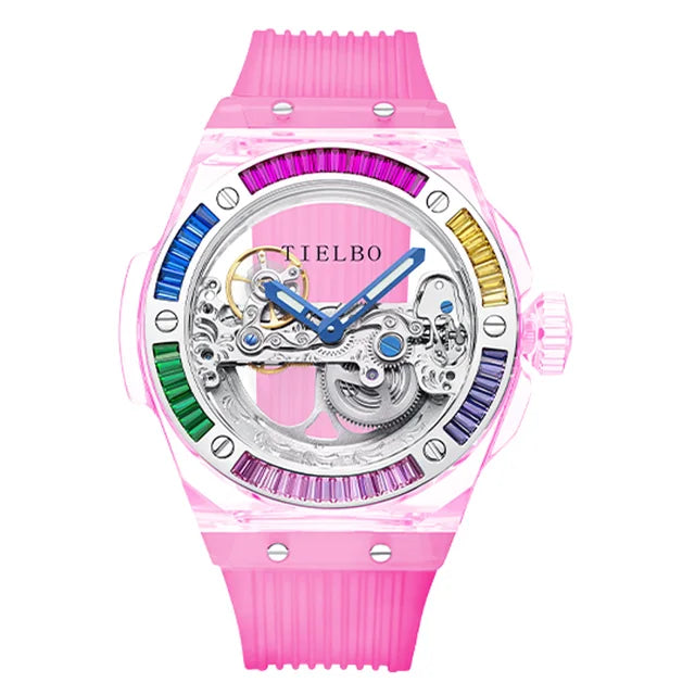 TIELBO Automatic Mechanical Movement Watch For Men Skeleton Diamond Wrist Watches Mens Transparent Crystal Case Sapphire Mirror 