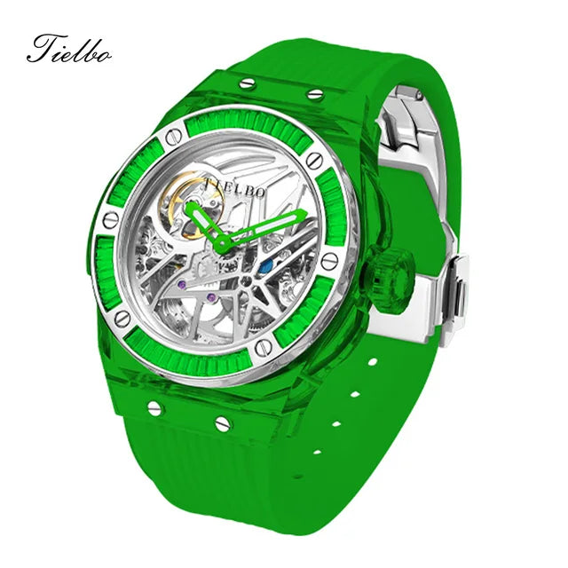 TIELBO Automatic Mechanical Crystals Watches for Men Women Luxury Skeleton Wristwatch Waterproof Man Brilliant Transparent Clock 