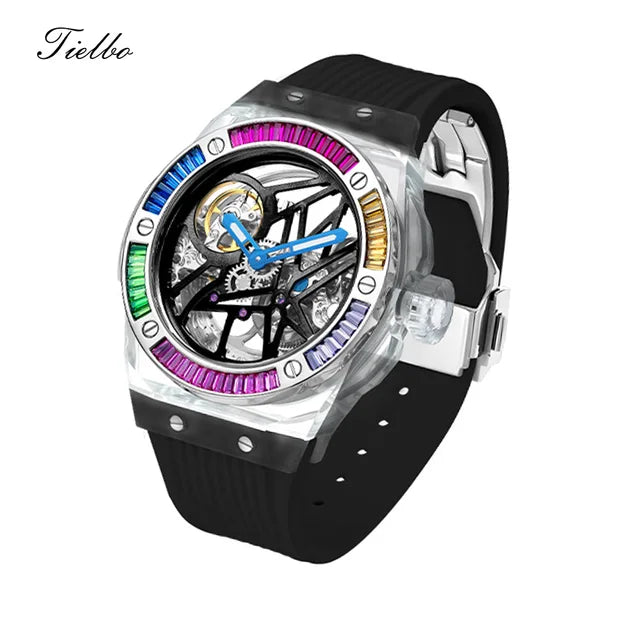 TIELBO Automatic Mechanical Crystals Watches for Men Women Luxury Skeleton Wristwatch Waterproof Man Brilliant Transparent Clock 