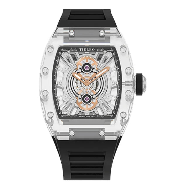 TIELBO Orologio da uomo tonneau meccanico trasparente con movimento automatico Orologi da polso da uomo con scheletro cavo luminoso in cristallo 