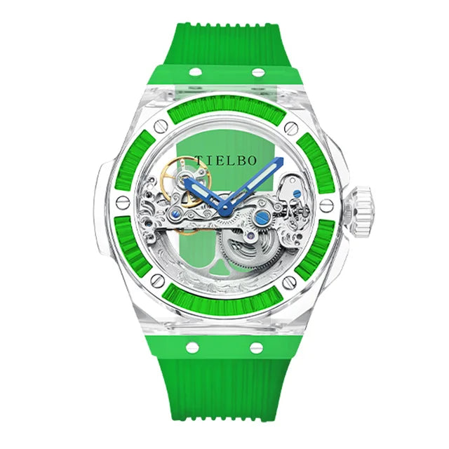 TIELBO Mens Watches Automatic Mechanical Movement Watch For Men Crystal Skeleton Transparent Wrist Watches Sapphire Mirror New