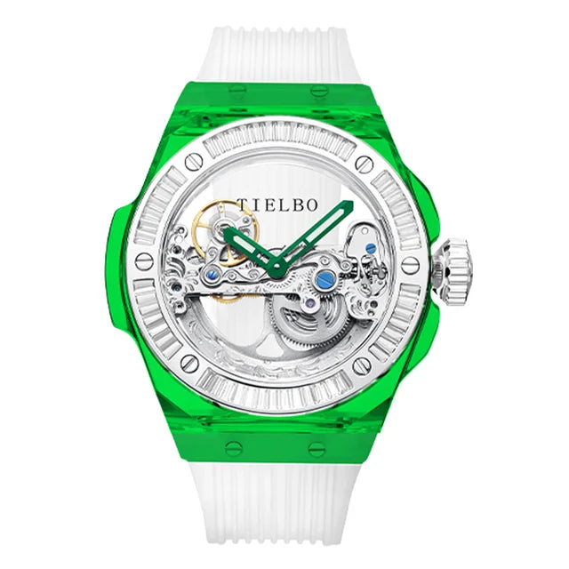 TIELBO Mens Watches Automatic Mechanical Movement Watch For Men Crystal Skeleton Transparent Wrist Watches Sapphire Mirror New