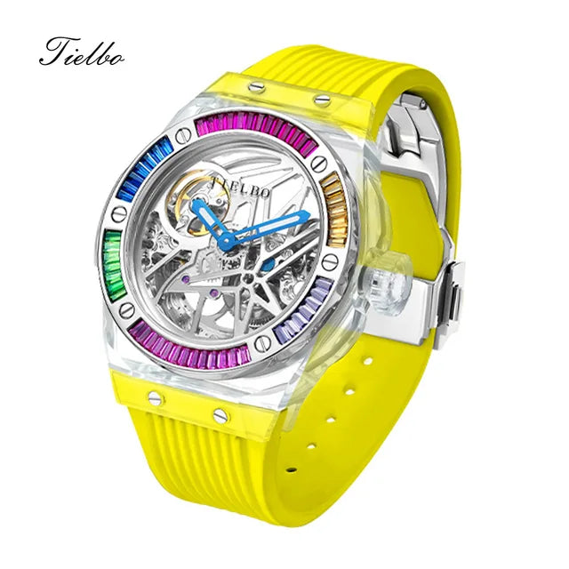 TIELBO Automatic Mechanical Crystals Watches for Men Women Luxury Skeleton Wristwatch Waterproof Man Brilliant Transparent Clock 