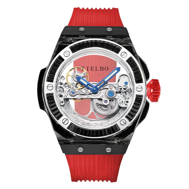 TIELBO Mens Watches Automatic Mechanical Movement Watch For Men Crystal Skeleton Transparent Wrist Watches Sapphire Mirror New