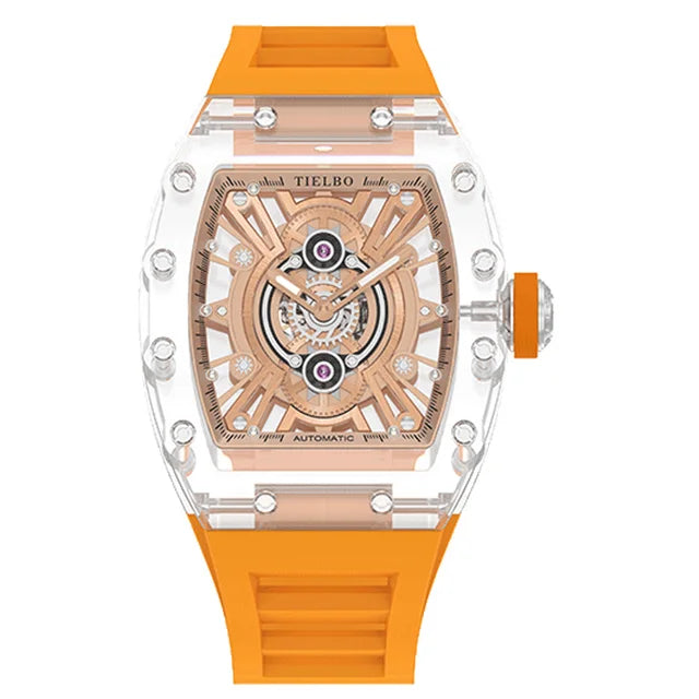 TIELBO Orologio da uomo tonneau meccanico trasparente con movimento automatico Orologi da polso da uomo con scheletro cavo luminoso in cristallo 