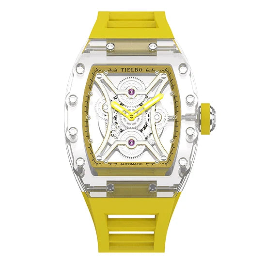 TIELBO Orologio da uomo Tonneau meccanico trasparente Orologi con movimento automatico per uomo Orologi da polso luminosi in cristallo scheletrato 