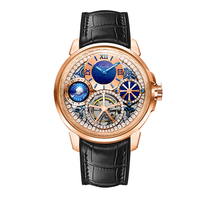 TIELBO Real Tourbillon Orologi da uomo Orologio da polso multifunzione casual di lusso impreziosito da cristalli brillanti 