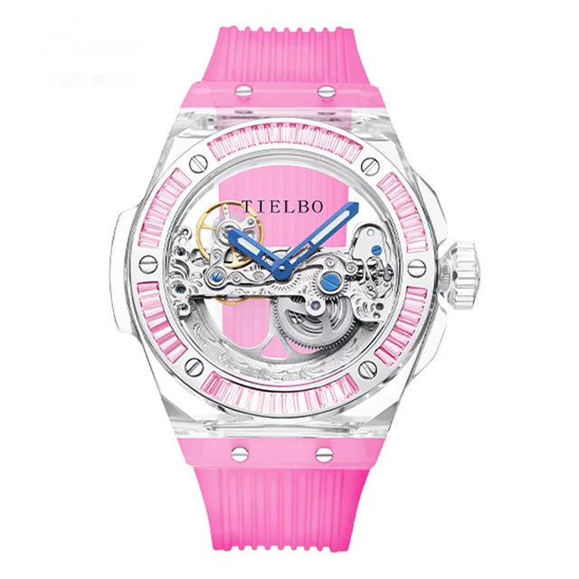 TIELBO Mens Watches Automatic Mechanical Movement Watch For Men Crystal Skeleton Transparent Wrist Watches Sapphire Mirror New