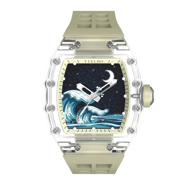 TIELBO Transparent Mechanical Tonneau Man Watch Automatic Movement Watches for Men Hollow Skeleton Crystal Luminous Wristwatches 