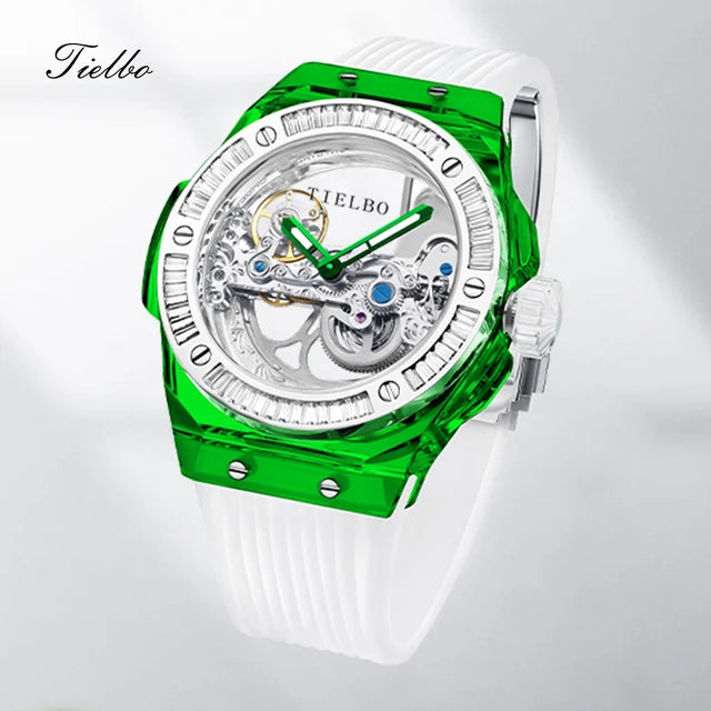 TIELBO Brand Mechanical Watches for Men Women Luxury Skeleton Sapphire Wrist Watch Waterproof Man Brilliant Crystals Transparent