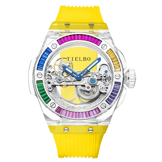 TIELBO Authentic Watch For Men Automatic Movement Mechanical Skeleton Transparent Wristwatches Mens Crystal Case Sapphire Mirror 