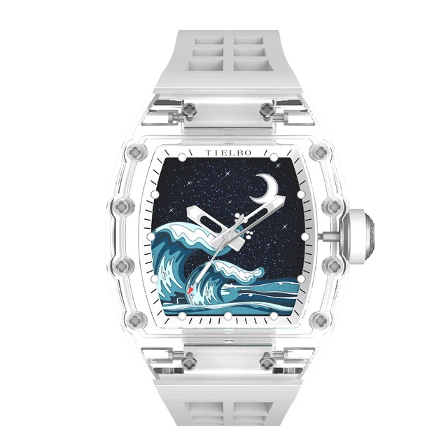 TIELBO Transparent Mechanical Tonneau Man Watch Automatic Movement Watches for Men Hollow Skeleton Crystal Luminous Wristwatches 