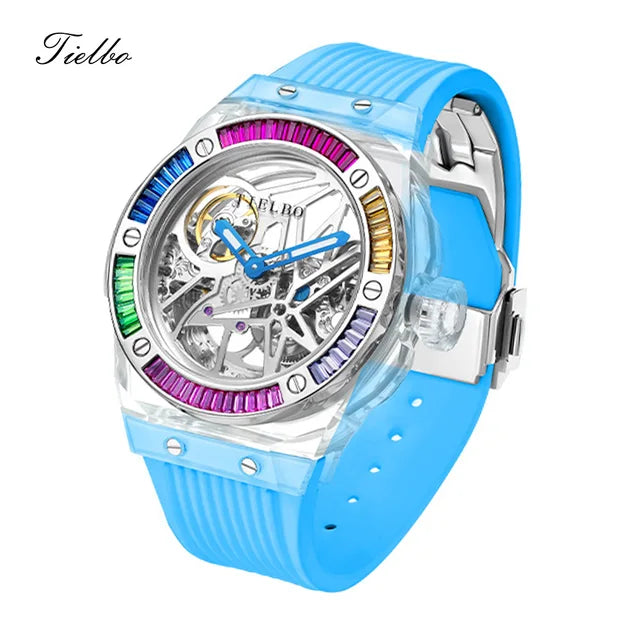 TIELBO Automatic Mechanical Crystals Watches for Men Women Luxury Skeleton Wristwatch Waterproof Man Brilliant Transparent Clock 