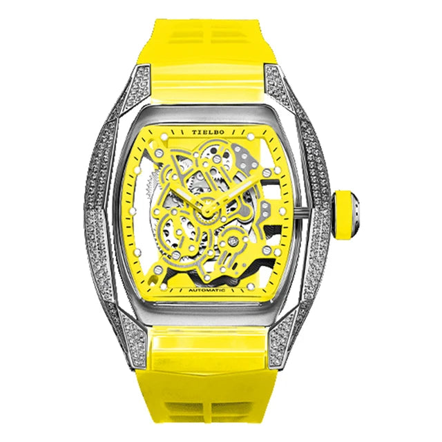 TIELBO Movimento meccanico automatico Orologio da uomo Skeleton Tonneau Orologi Orologio da polso da uomo con cristalli impermeabili in zaffiro e diamanti 