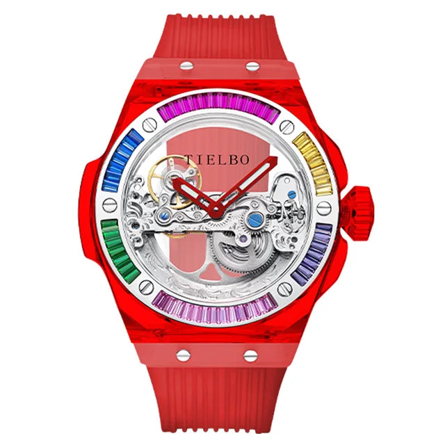 TIELBO Automatic Mechanical Movement Watch For Men Skeleton Diamond Wrist Watches Mens Transparent Crystal Case Sapphire Mirror 