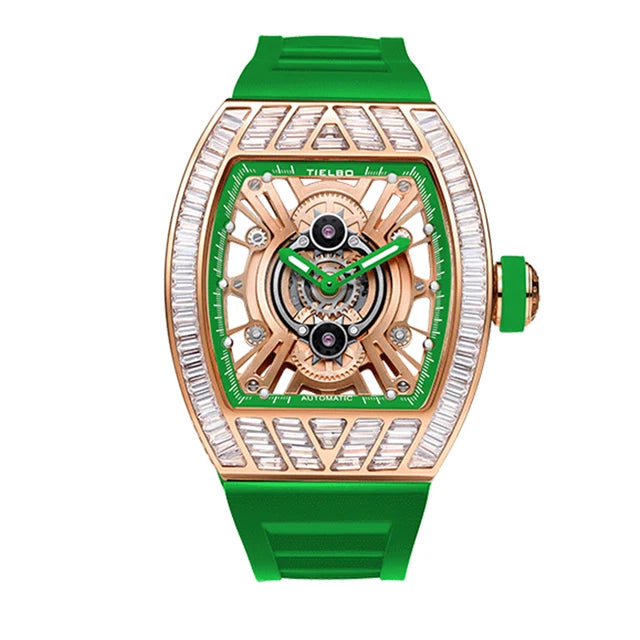 TIELBO Orologio meccanico da uomo tonneau meccanico di lusso Orologi con movimento meccanico automatico per uomo Orologio da polso luminoso in cristallo scheletrato A 