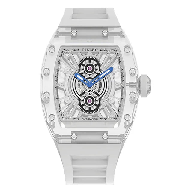 TIELBO Orologio da uomo tonneau meccanico trasparente con movimento automatico Orologi da polso da uomo con scheletro cavo luminoso in cristallo 