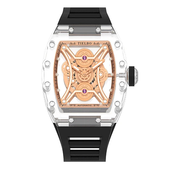 TIELBO Orologio da uomo Tonneau meccanico trasparente Orologi con movimento automatico per uomo Orologi da polso luminosi in cristallo scheletrato 