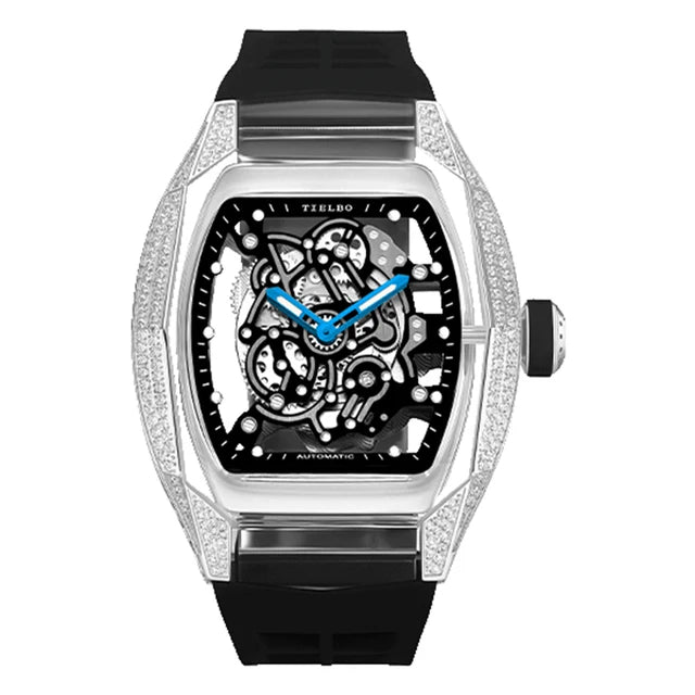 TIELBO Movimento meccanico automatico Orologio da uomo Skeleton Tonneau Orologi Orologio da polso da uomo con cristalli impermeabili in zaffiro e diamanti 