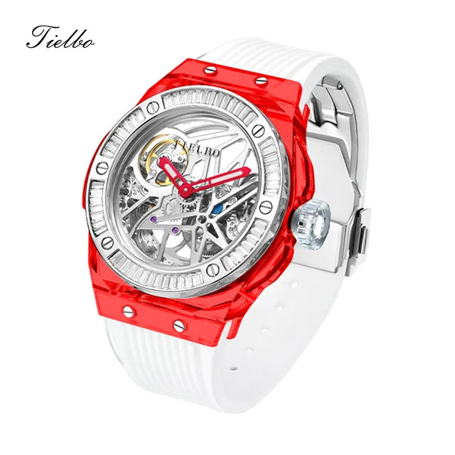 TIELBO Automatic Mechanical Crystals Watches for Men Women Luxury Skeleton Wristwatch Waterproof Man Brilliant Transparent Clock 