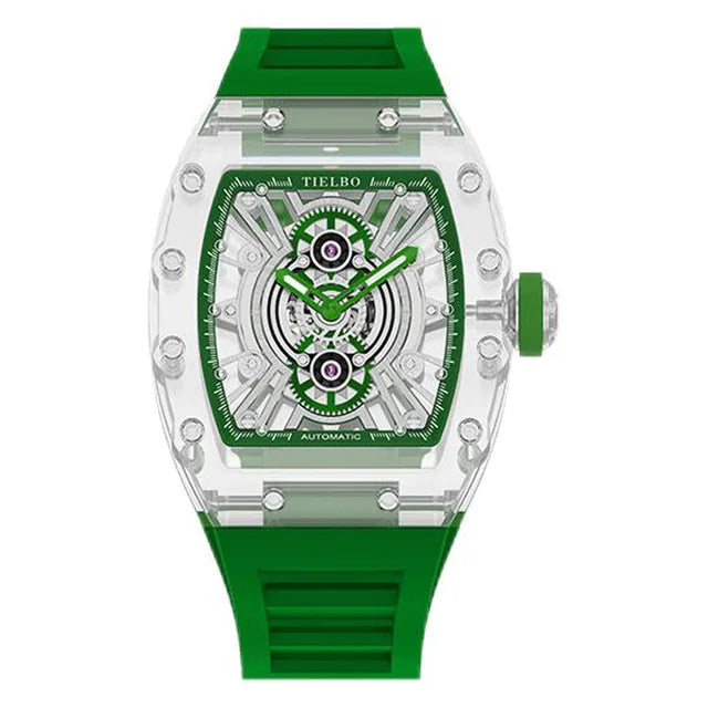 TIELBO Orologio da uomo tonneau meccanico trasparente con movimento automatico Orologi da polso da uomo con scheletro cavo luminoso in cristallo 