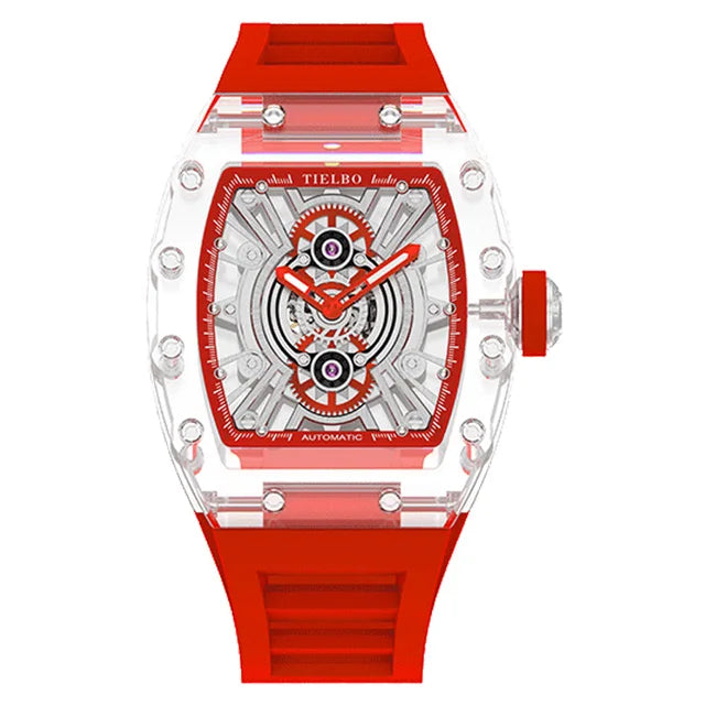 TIELBO Orologio da uomo tonneau meccanico trasparente con movimento automatico Orologi da polso da uomo con scheletro cavo luminoso in cristallo 