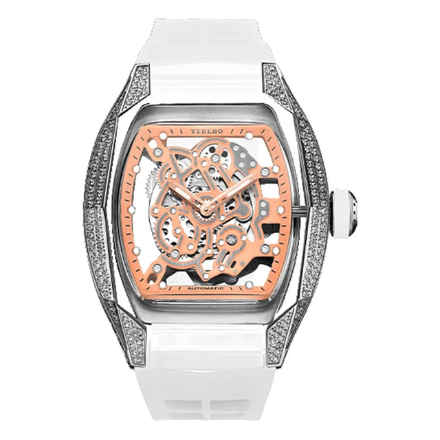 TIELBO Movimento meccanico automatico Orologio da uomo Skeleton Tonneau Orologi Orologio da polso da uomo con cristalli impermeabili in zaffiro e diamanti 