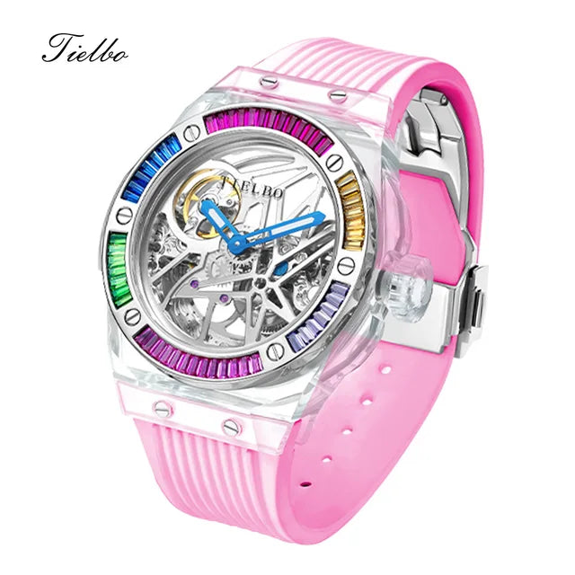 TIELBO Automatic Mechanical Crystals Watches for Men Women Luxury Skeleton Wristwatch Waterproof Man Brilliant Transparent Clock 