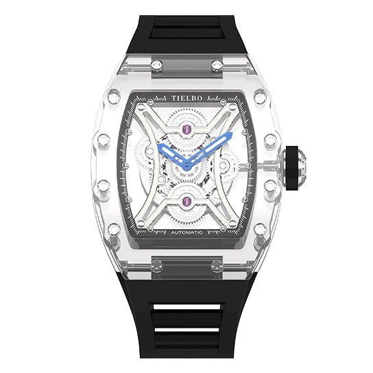 TIELBO Transparent Mechanical Tonneau Man Watch Automatic Movement Watches for Men Skeleton Crystal Luminous Wristwatches 