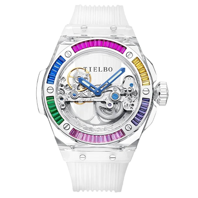 TIELBO Automatic Mechanical Movement Watch For Men Skeleton Diamond Wrist Watches Mens Transparent Crystal Case Sapphire Mirror 